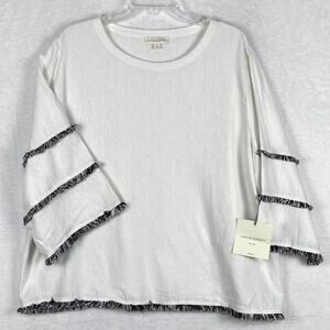 Cynthia Rowley Womens 1X Coastal Grandma White Linen Blend Fringe Top Boho Chic
